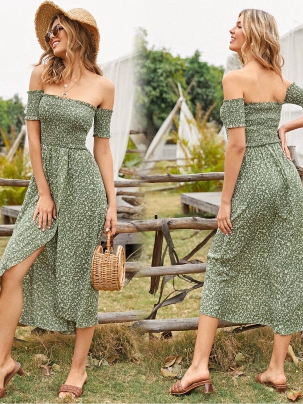 Off-Shoulder Green Floral Midi Dress NWOT - Picture 4 of 8